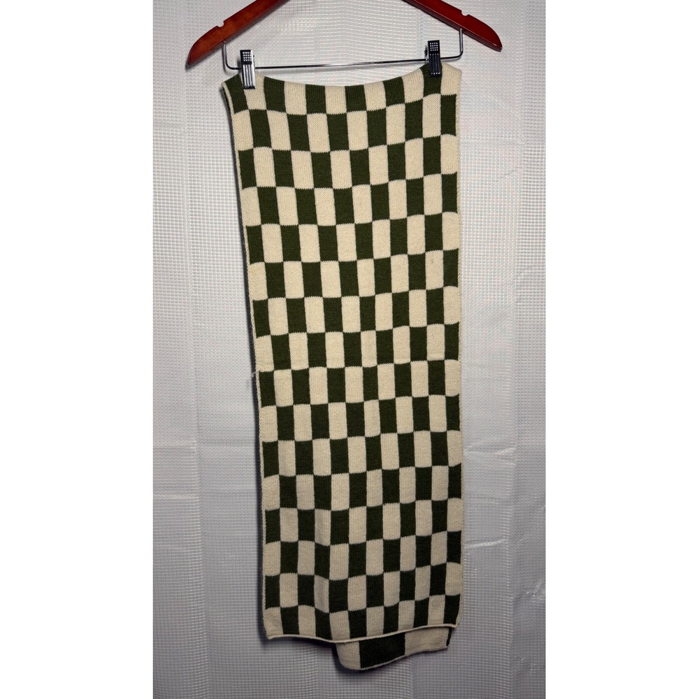 Checkerboard‎ Scarf Green Cream Knit Warm Winter Accessory - Picture 2 of 2